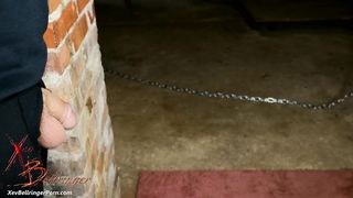 Связанная порно модель с цепью на шее сосёт хуй похитителя в подвале